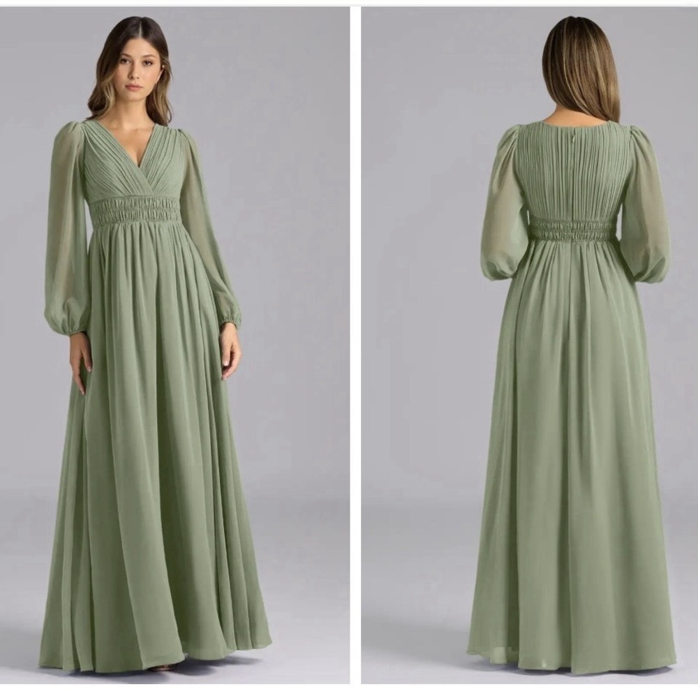 Azazie Sage Green Long Sleeve V-Neck Chiffon Maxi Dress